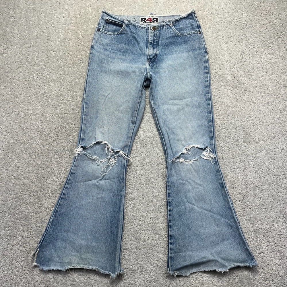 R4R Rave 4 Real Jeans Womens Size 7 Blue Light Wash Denim Distressed Flare Leg